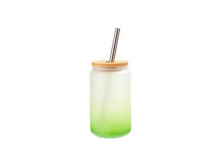 Vaso Cristal 13oz/400ml Color Degradado Verde con Tapa de bambú y pajita de acero inoxidable