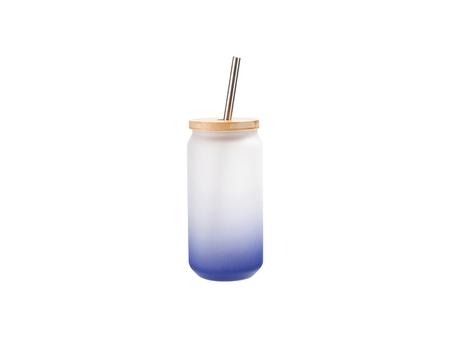 Vaso Cristal 18oz/550ml Color Degradado Azul Oscuro con Tapa de bambú y pajita de acero inoxidable